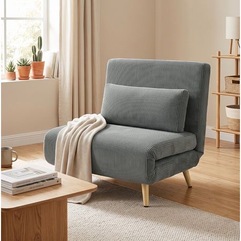 Fauteuil convertible 3-en-1 en velours côtelé, lit d’appoint 90 x 190 cm, dossier réglable 6 positions, coussin lombaire, structure métal, gris foncé – CHICFURN (1/5)
