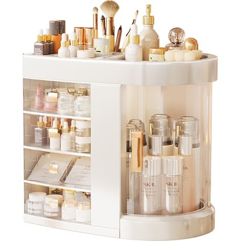 Transparenter Organizer Maya für Kosmetik und Schmuck, 4 Schubladen, drehbarer Deckel, elegantes Design