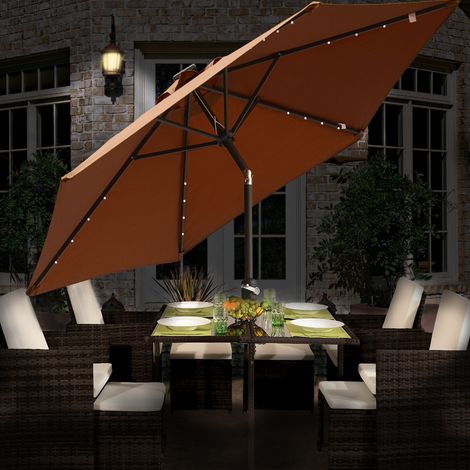 2.5M Round LED Lights Outdoor Garden Parasol Umbrella Sun Shade w/ Crank&Tilt Coffee (1/5)