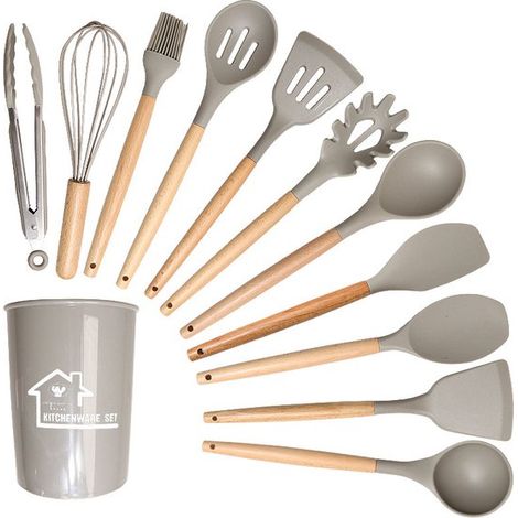 Set di 12 utensili da cucina in silicone, senza BPA, con posate in legno, rivestimento antiaderente e contenitore color kaki. (1/3)
