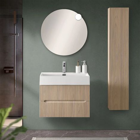 Mobile bagno sospeso cannettato 70 cm rovere chiaro con specchio Bali (1/5)