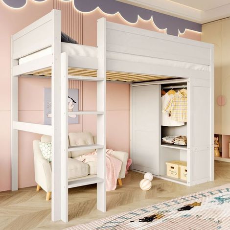 Lit Mezzanine Enfant 90x200cm - avec Armoire et Rangements - Lit Mezzanine - garde-corps de sécurité, lit enfant fille - Blanc (1/5)