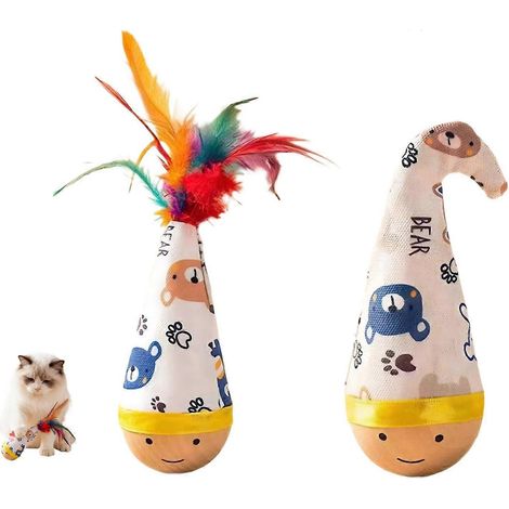 Lot de 2 jouets culbuto carotte bois de h锚tre, avec plumes color茅es, jeu silencieux pour chat鈥慶hien (1/5)