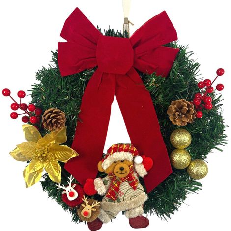 Couronne de Noël avec Renne, Grand Nœud Rouge, Pommes de Pin, Boules Dorées, Décoration Murale et Porte pour Porte d’Entrée (1/5)