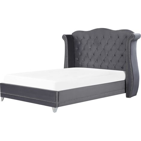 Cama con somier de terciopelo gris 180 x 200 cm listones cabecero capitoné Ayette