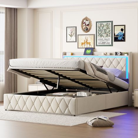Lit coffre 140 x 190 cm, lit double 140x190 avec sommier, avec port USB et LED, sommier à lattes en bois, beige, velours