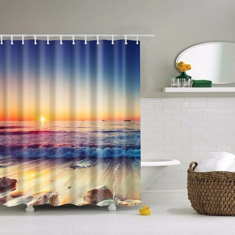 Rideau de douche à motif coquillages, étoiles de mer, conques, palmiers bleus et coucher de soleil, décor de salle de bain, 180 x 210 cm (70 x 83 pouces), 180 x 210 cm (70 x 83 pouces)