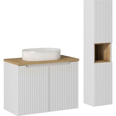 Waschtisch und Hängesäule 80cm Riva, Weiß und Holzoptik