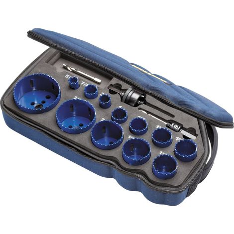IRWIN 10506444 - Set of Kronen 1200G: 16, 19, 22, 25, 29, 32, 35, 38, 44, 51, 64, 76 mm, Spindeln 10504533 und 10504535, 3 Pilotbohrer