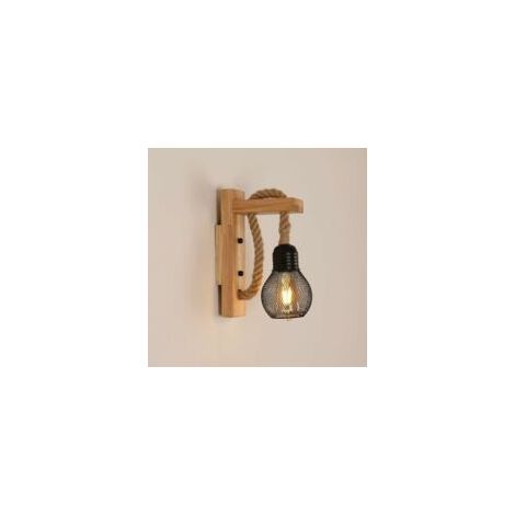 Aplique de pared industrial vintage, lámpara de pared rústica retro de madera, pantalla de jaula de metal negro, lámpara de pared interior de madera con cuerda de cáñamo para dormitorio y sala de esta