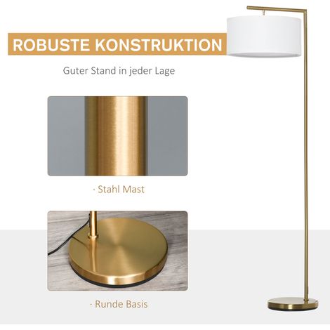 Lampadaire, lampe sur pied, douille E27, finition dorée, abat-jour en tissu blanc, interrupteur au pied, acier, 47 x 37 x 153 cm (1/5)