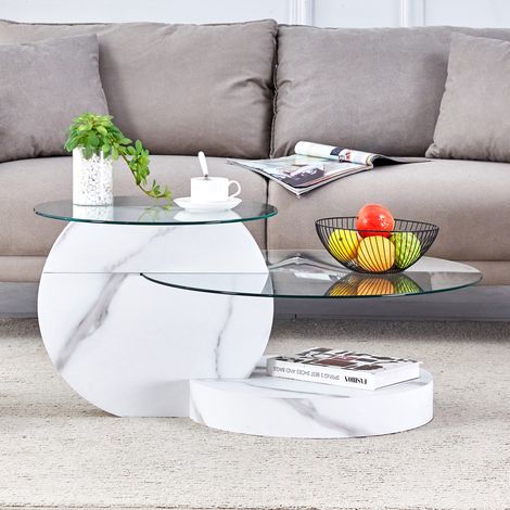 Mesa de centro de dos niveles con cristal de seguridad, efecto mármol blanco, MDF, blanco HAVRYA (1/5)
