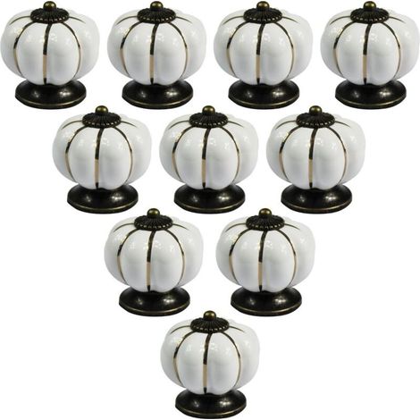 Lot de 10 boutons de meuble en céramique de style européen vintage et en forme de citrouille pour commode, armoires et tiroirs, Blanc (1/5)