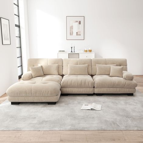 Neche – Canapé d'angle modulable 3 places en chenille beige – Repose-pieds amovibles – Confort optimal avec coussins en mousse hyperélastique