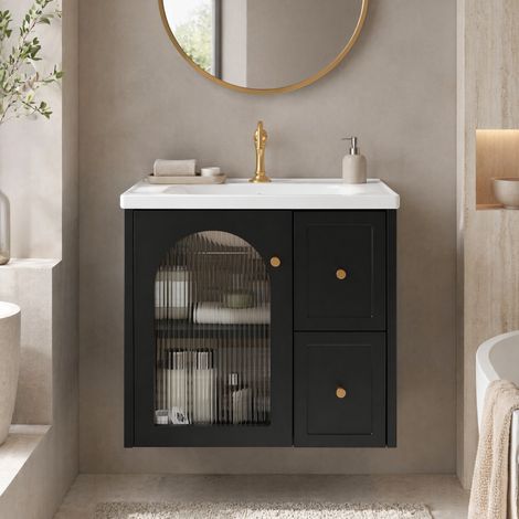Waschbeckenunterschrank MDF Schwarz 60,5x47,5x57 cm, wandmontiert, mit Keramikbecken, LED-Beleuchtung und Soft-Close (1/5)