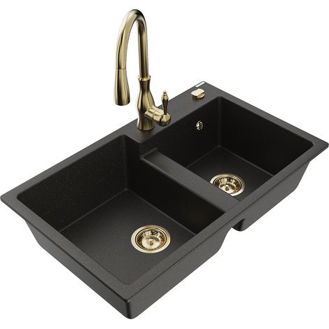 Mexen Tomas 2-Becken-Granitspüle mit Mischbatterie Savita, Schwarz/Gold metallisch - 6516-75-672601-50 (1/5)