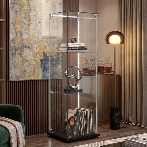 Creahappy Vitrine en Verre 40x35x123 cm - Étagère 3 Niveaux avec LED et Serrure - Meuble Rangement Sécurisé - Noir Contemporain (1/5)