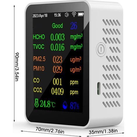 Compteur portable de qualité de l’air 9 en 1, PM2.5, PM10, CO, CO2, TVOC, HCHO, AQI, température et humidité, écran couleur, détecteur de dioxyde de carbone avec affichage date et heu (1/3)