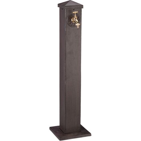 Relaxdays Wasserzapfsäule, eckig, antikes Design, mit Wasserhahn, 3/4 Zoll Anschluss, Garten Standbrunnen, 91 cm, braun (1/5)