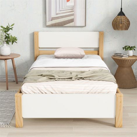 Lit simple en bois - cadre en pin avec tête de lit et sommier à lattes lit en MDF blanc + naturel - 90x200 cm (1/5)