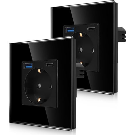 Lot de 2 prises simples avec 2 ports USB Charge rapide - 1 x (Type C et USB-A total max. 3,1 Amp) - Prise Schuko en verre simple encastrable - Prise murale noire avec verrou enfant (1/5)
