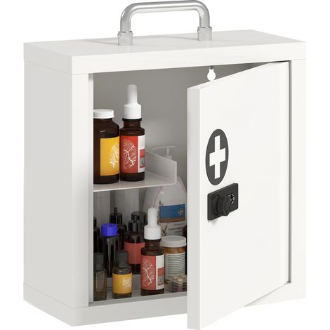 Medizinschrank zur Wandmontage mit Zahlenschloss, 2-stufiger Erste-Hilfe-Schrank aus Edelstahl, Weiß (1/5)