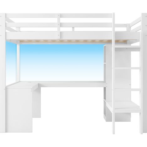 CAIziLit mezzanine 140x200 avec étagères multifonctions, bureau sous le lit, éclairage LED et USB, blanc (1/5)