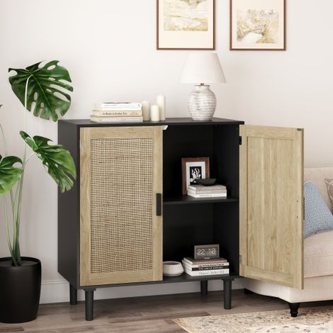 Meuble de rangement en rotin à deux portes de 80 cm, idéal pour le salon, la salle à manger ou le couloir (noir) (1/5)