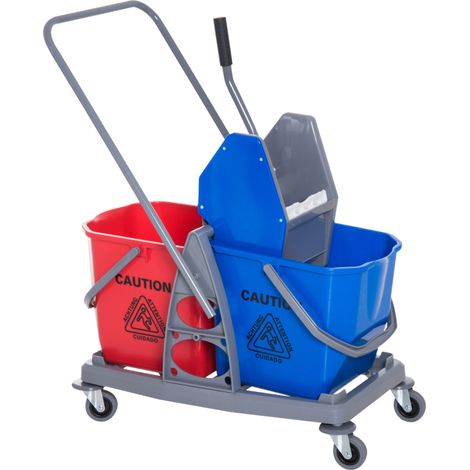 Chariot de nettoyage , chariot à balai avec 2 seaux, chariot système à 4 roues pivotantes, métal et polypropylène, bleu et rouge, 73 × 45 × 92 cm