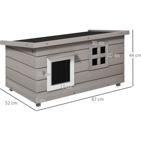 Maison pour chat en bois avec toit en asphalte, fenêtre et toit ouvrant, résistante aux intempéries, 87 x 52 x 44 cm, gris (1/5)