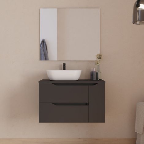 Meuble de salle de bain 80cm avec plateau, vasque à poser déportée à gauche Zeus et miroir - 2 tiroirs et un placard - noir - ZARZA