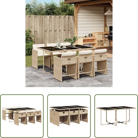 vidaXL Gartenstuhl - 7-tlg. Garten-Essgruppe mit Kissen Beige Poly Rattan (1/5)