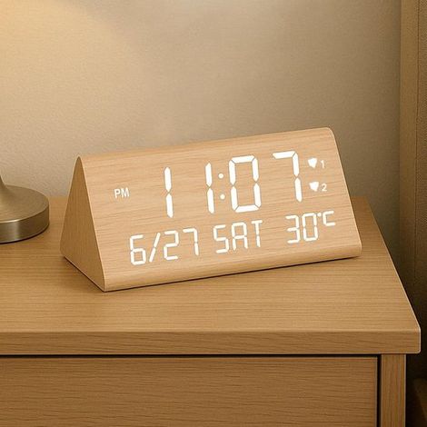 Digitaler Wecker aus Holz mit 2 Weckzeiten, Datums-, Wochentags- und Temperaturanzeige (1/5)
