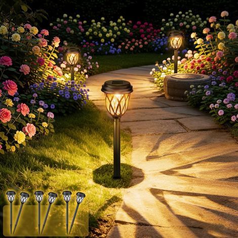 SCNNC Lampe solaire d'extérieur, lot de 6 bornes lumineuses solaires étanches, blanc chaud, décoration pour jardin, allées, pelouse, terrasses (1/5)