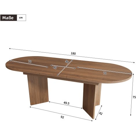 Table de salle à manger extensible (140/180 x 90 cm), pour 6 à 8 personnes coins arrondis, plateau épais et style minimaliste finition couleur noyer. (1/5)