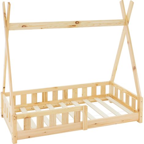 ML-Design Kinderbett Tipi 70x140 cm Natur mit Rausfallschutz und Lattenrost, Indianer Bett aus Kiefernholz für Mädchen & Jungen, Hausbett mit Zaun, Kinderhaus Bodenbett Jugendbett Spielbett Zelt