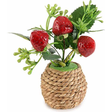 Petits pots en corde avec fraises des bois artificielles, lot de 12, diam. 5,5 x H. 12 cm