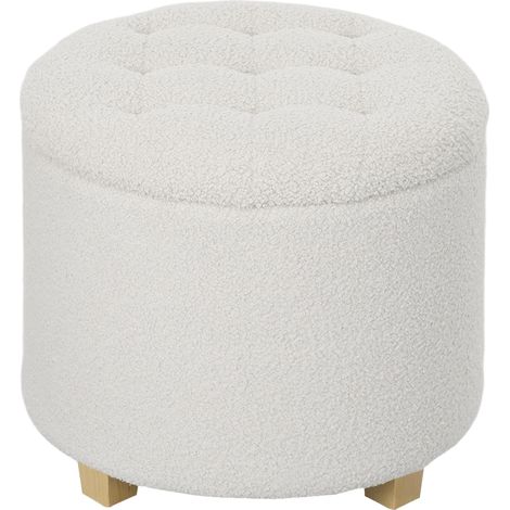 Pouf de rangement, tabouret avec couvercle, repose-pieds rond, coffre de rangement, pieds en bois, blanc