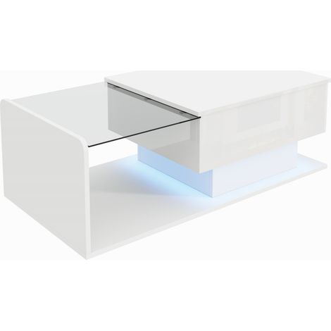 Hochglanz-Couchtisch in Weiß mit Tischplatte aus gehärtetem Glas, Hebefunktion und LED, MODENUIT (1/5)