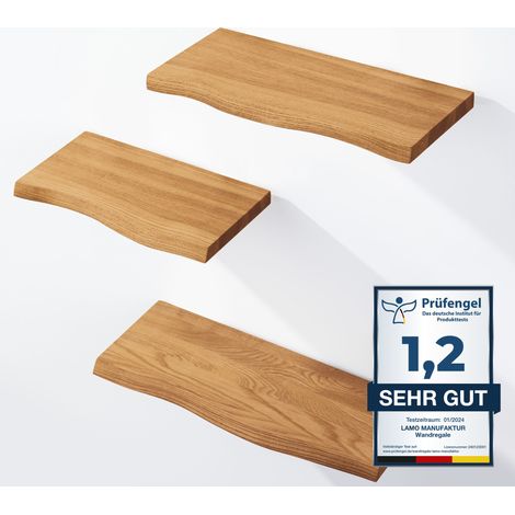 LAMO Manufaktur 3 Stück Wandregal aus Holz 42/36/30cm SET 1 Baumkante Farbe: Rustikal