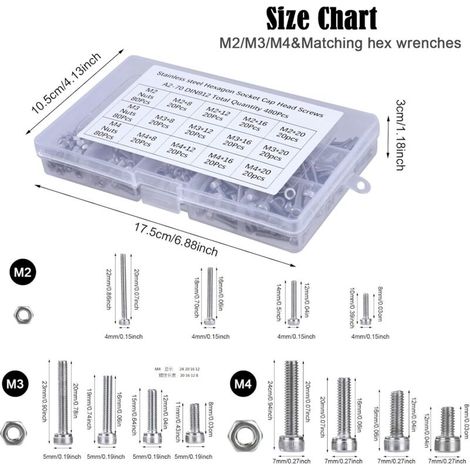 Coffrets Boulons et Écrous M2 M3 M4 Vis en Acier Inoxydable Bouton Tête Hexagonale Socket Assortiment Kit avec Boîte de Rangement Épaisse 480 Pièces- (1/4)