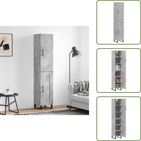 Pieds en métal - vidaXL Buffet haut Gris béton 34,5x34x180 cm Bois d'ingénierie - Espace de rangement (1/5)