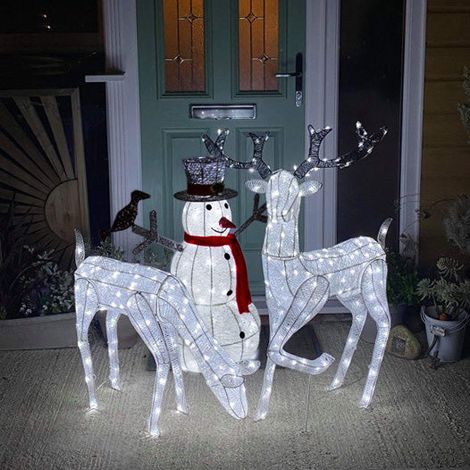 MonsterShop - Renne di Babbo Natale & Pupazzo di Neve Luminoso Decorazione da Esterno per la Casa Luci LED per Giardino - Bianco