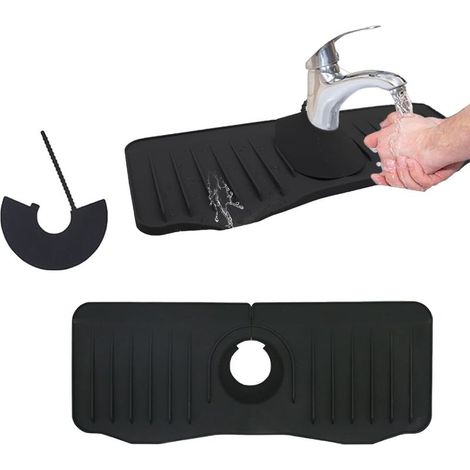 Noir Tapis de Robinet, Tapis de Évier Drainage en Silicone, Anti Éclaboussures Plateau pour Poignée de Robinet, pour Protection de Comptoir d'Évier de Cuisine et de Salle de Bain 3714.5CM (1/4)