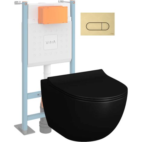 Pack WC suspendu Vitra Sento noir + bâti autoportant V-Fix Core + Plaque Round Or brossée