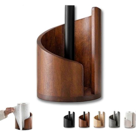 Porte-papier essuie-tout de comptoir en pierre avec base ronde en bois de manguier et support en fer, porte-papier essuie-tout en bois naturel, convient au salon, à la cuisine[NX] (1/5)
