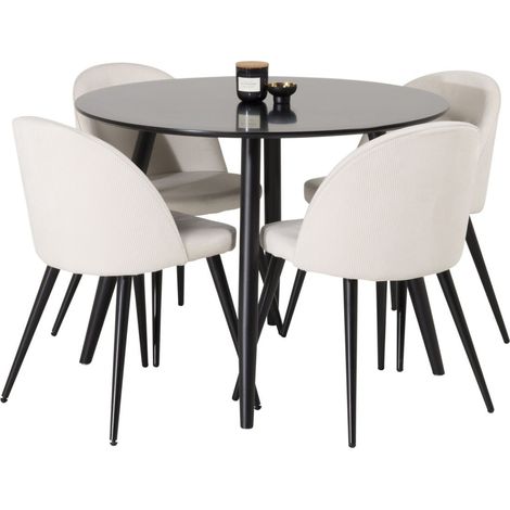 Ensemble Table à Manger & 4 Chaises "Plaza I & Velvet" 100cm Noir & Crème (1/5)