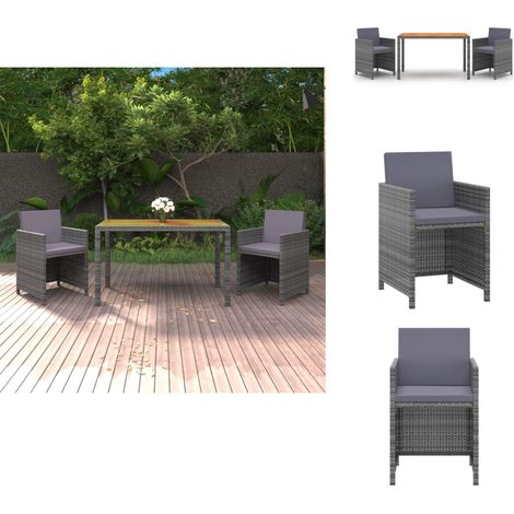 3-tlg. Garten-Essgruppe mit Kissen Poly Rattan Grau - Gartenmöbel - Esstisch - Gartensessel - Rattan Möbel - Outdoor Möbel