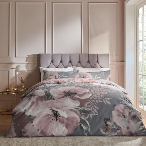 Parure de lit Simple réversible avec Housse de Couette et taie d'oreiller Motif Floral Gris (1/5)