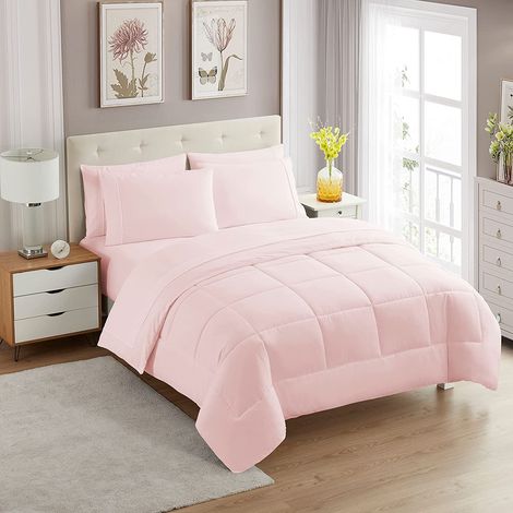 Couette et Parure de lit 7 pièces en Duvet Doux pour Toutes Les Saisons - Couverture Alternative et draps de lit en Microfibre - Rose pâle - Lit Simple XL (1/5)